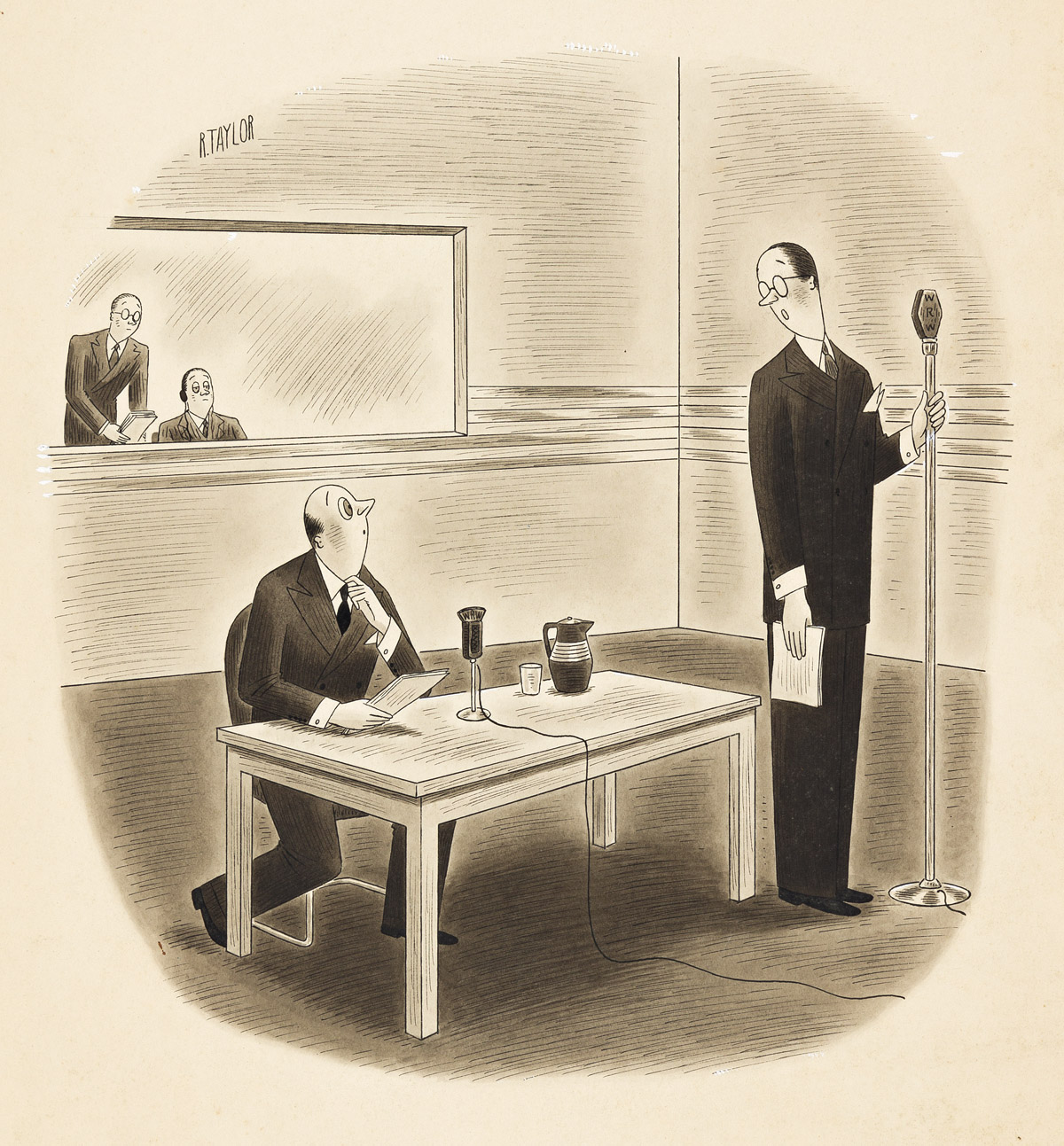 RICHARD TAYLOR (1902-1970) [NEW YORKER / CARTOONS] You neednt be frightened, Mr. Jones. Our polls show that practically nobody listen